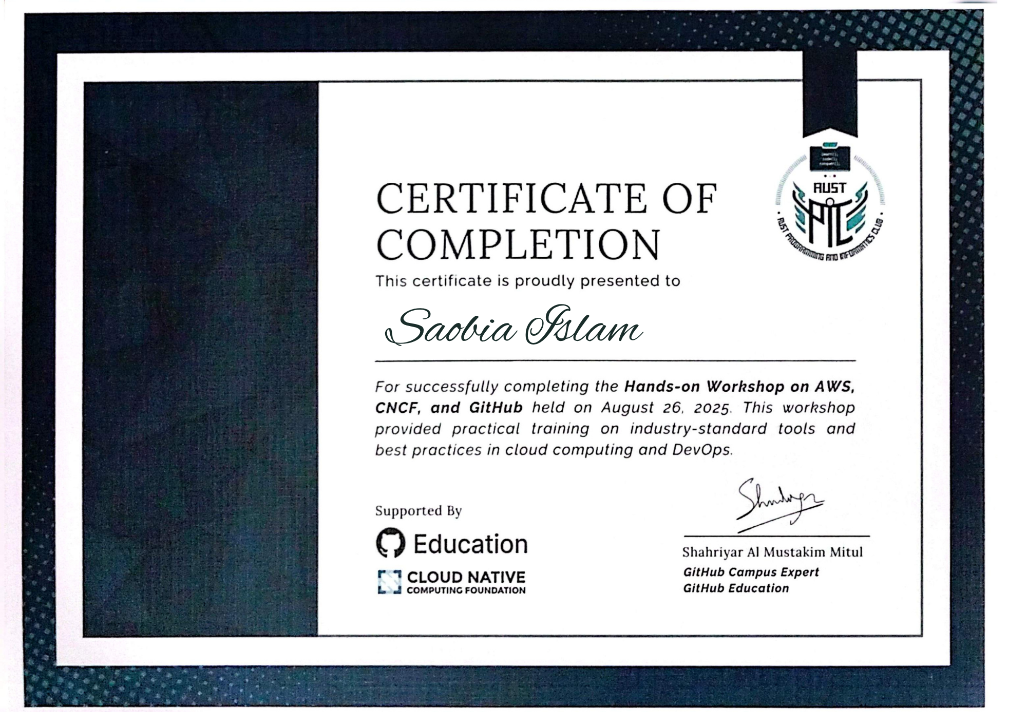 AWS, CNCF, and GitHub Workshop Completion Certificate