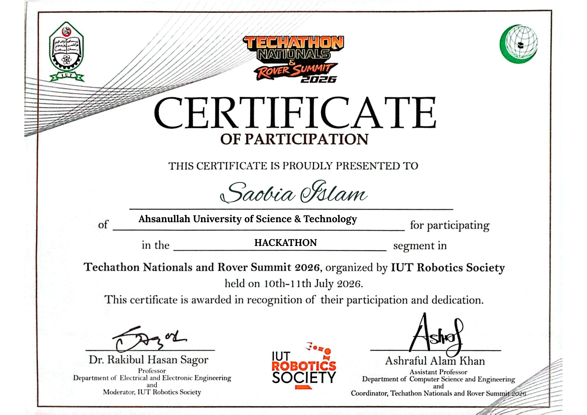Techathon Nationals and Rover Summit 2026 Hackathon Certificate